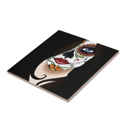 Rosa Sugar Skull Portret Tegeltje (Zijkant)