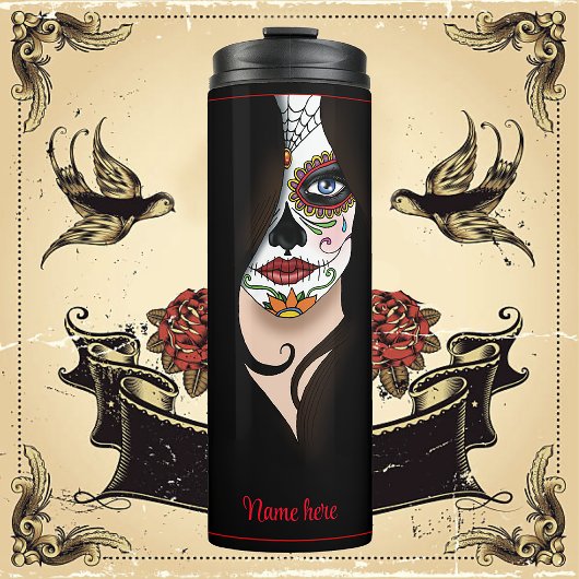 Rosa Sugar Skull Portret Thermosbeker