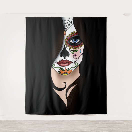 Rosa Sugar Skull Portret Wandkleed (Voorkant)