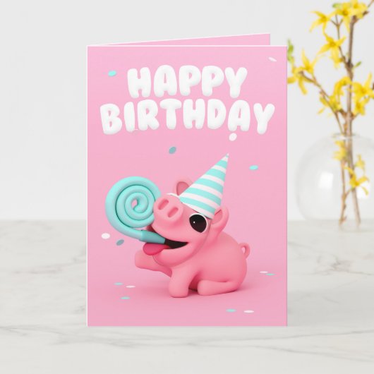 Rosa the Pig Happy Birthday card Kaart (Gele Bloem)