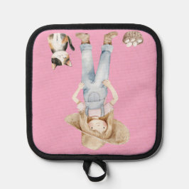 Rosa Topflappen mit Mädchen und Katze Pannenlap