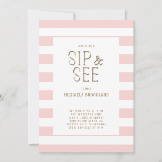 Rosa wit gestreepte 'Sip and See' geboortekaartje  Kaart (Voorkant)