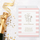 Rosa wit gestreepte 'Sip and See' geboortekaartje  Kaart