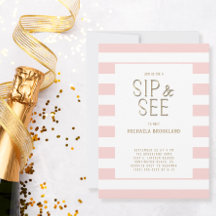 Rosa wit gestreepte 'Sip and See' geboortekaartje 