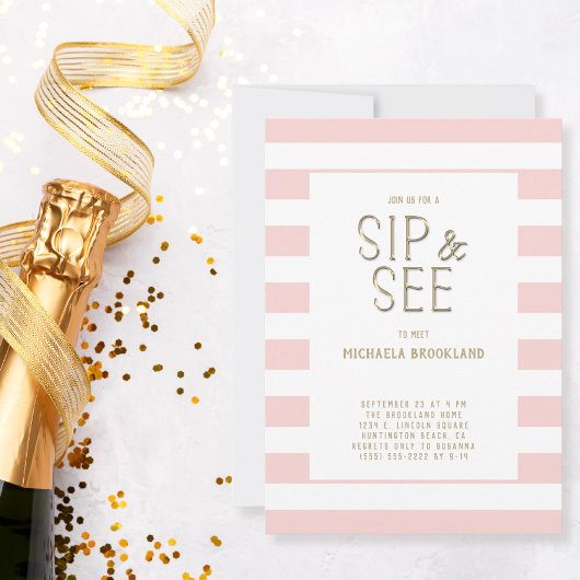 Rosa wit gestreepte 'Sip and See' geboortekaartje  Kaart