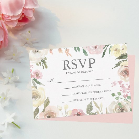 Rosado Flores Boda Spanish Wedding RSVP Kaart