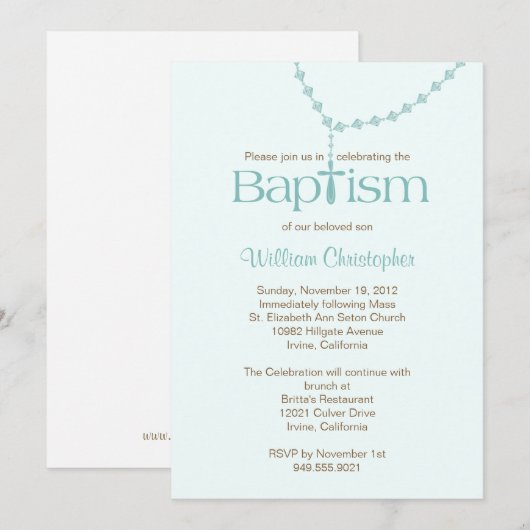Rosary Beads Baptism Invitation for Boy Kaart (Voorkant / Achterkant)