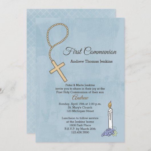 Rosary Beads, Candle Blue First Community Invite Kaart (Voorkant / Achterkant)
