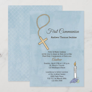 Rosary Beads, Candle Blue First Community Invite Kaart