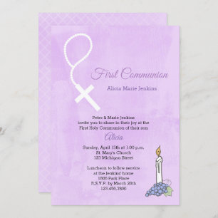 Rosary Beads, kaarsje, Lila First Community Invite Kaart