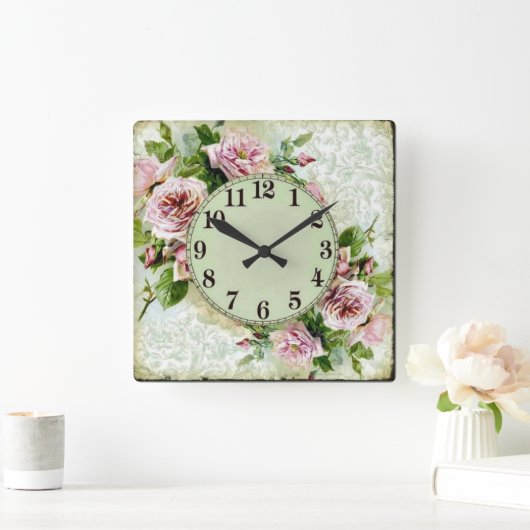 Rosas in fondo Verde Vierkante Klok (Huis)