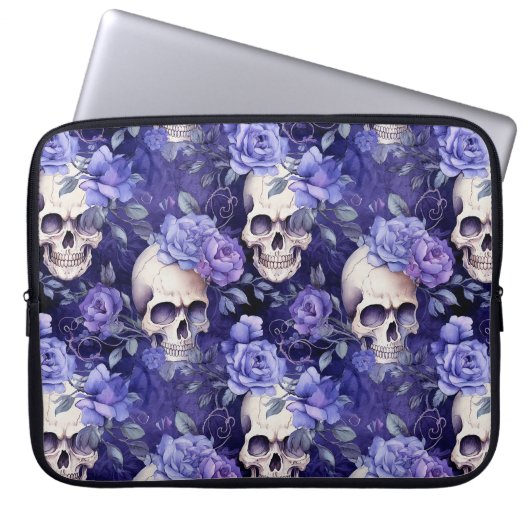 Rosas violetas con calaveras laptop sleeve (Voorkant)