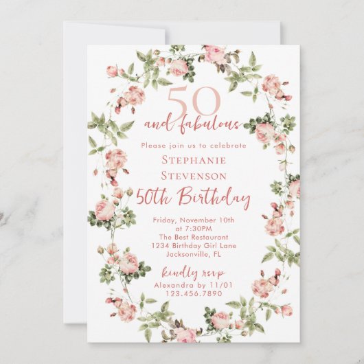 Rose 50 & Fabulous 50th Birthday Garden Tea Party Kaart (Voorkant)