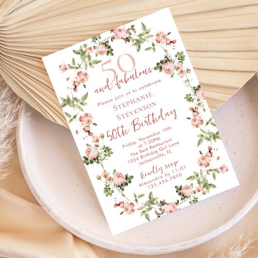 Rose 50 & Fabulous 50th Birthday Garden Tea Party Kaart