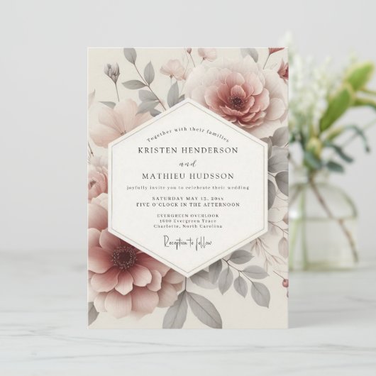 Rose Ash Ethereal Bloom Wedding Kaart (Staand voorkant)