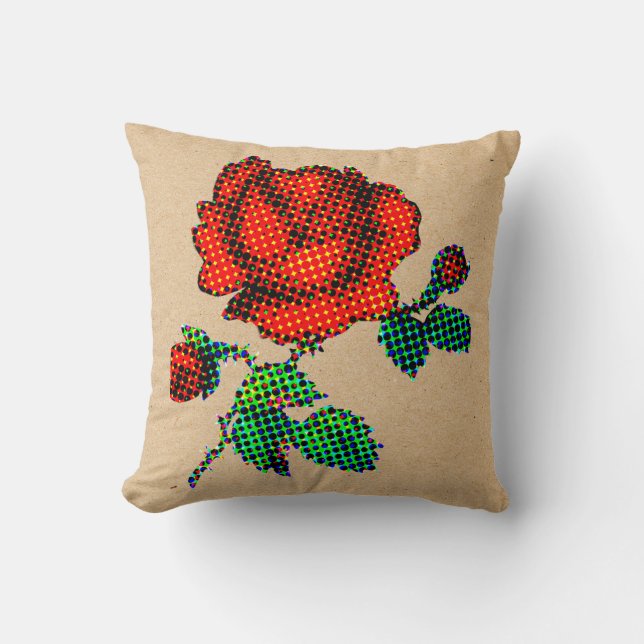 Rose Bloom Halftone op bruin papier Fine Art Kussen (Voorkant)