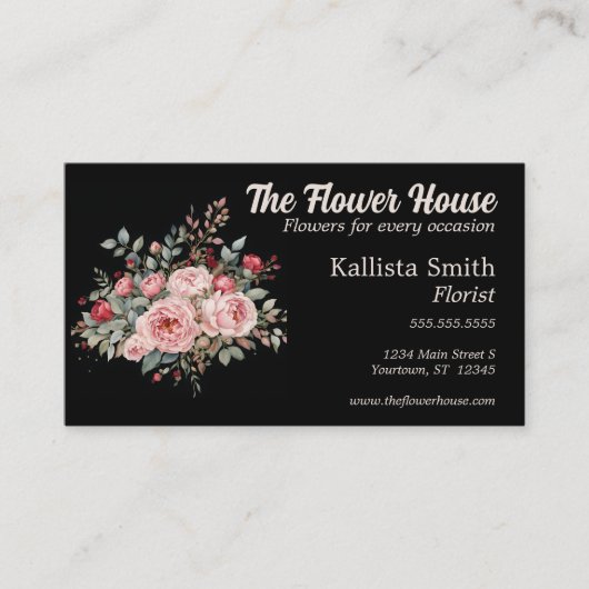 Rose Boeket op Zwarte Bloemist Bloemontwerper Visitekaartje (Voorkant)