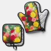 Rose Boeket van Rozen Schilderen Originele Bloemen Ovenwant & Pannenlap Set (Voorkant / Achterkant)