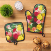 Rose Boeket van Rozen Schilderen Originele Bloemen Ovenwant & Pannenlap Set (Top down)