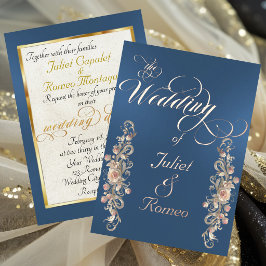 Rose Boog Randen & Calligrafie - Blauw Folie Uitnodiging