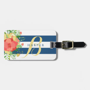 Rose Bouquet & Blue Stripes Custom Name Bagagelabel