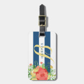 Rose Bouquet & Blue Stripes Custom Name Bagagelabel (Voorkant verticaal)