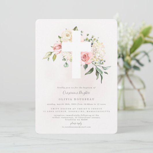 Rose Bouquet Doopsel Uitnodiging (Staand voorkant)