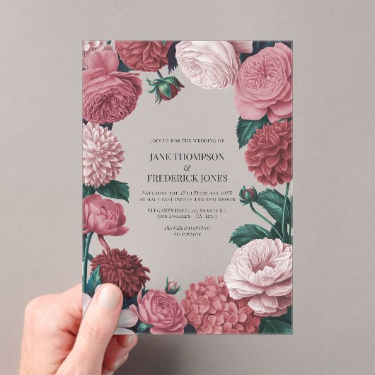 Rosé Clay, Terra Pink & Peony Smoke Floral Wedding Acryl Uitnodigingen (Insitu (Draagbaar))