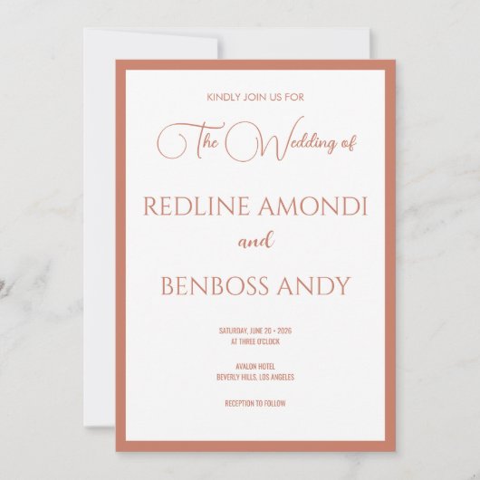 Rose Copper Minimalist Modern Calligraphy Wedding Kaart (Voorkant)