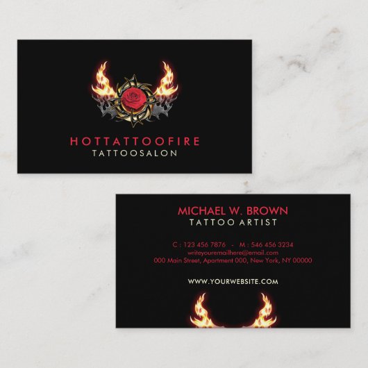 Rose Fire Retro Tattoo Design Visitekaartje (Voorkant / Achterkant)