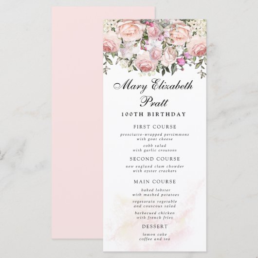 Rose Floral 100th Birthday Menu (Voorkant / Achterkant)