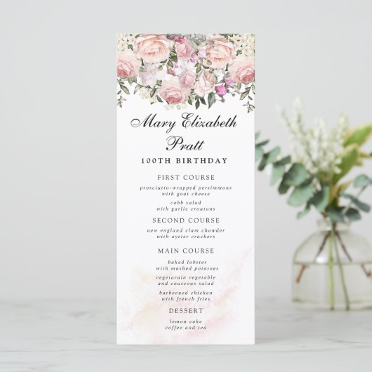 Rose Floral 100th Birthday Menu (Staand voorkant)