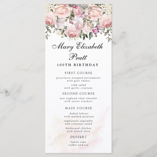 Rose Floral 100th Birthday Menu (Voorkant)