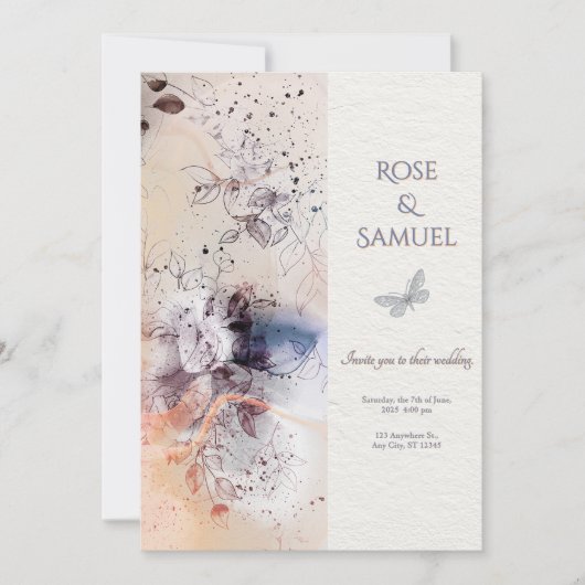 Rose Floral Ink Elegant Textured Wedding I Kaart (Voorkant)