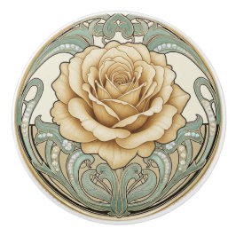 Rose Flower Green Cream Gold Art Deco Nouveau Keramische Knop