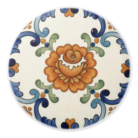 Rose Flower Mediterranean Blue Orange Cream Keramische Knop (Voorkant)