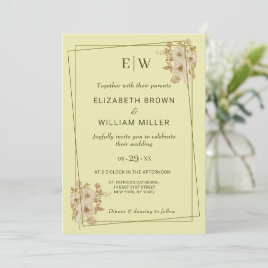 Rose Frame – Monogram Celestial Yellow Wedding Kaart (Staand voorkant)