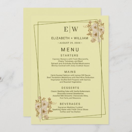 Rose Frame – Monogram Celestial Yellow Wedding Menu (Voorkant / Achterkant)