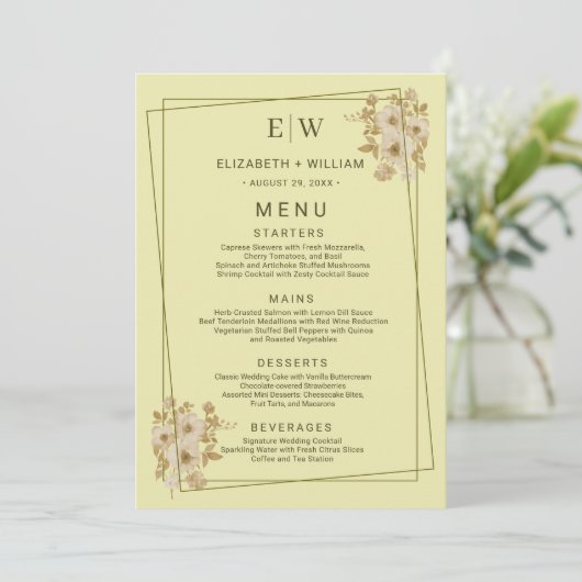 Rose Frame – Monogram Celestial Yellow Wedding Menu (Staand voorkant)