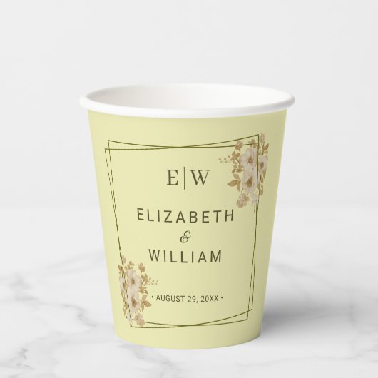 Rose Frame – Monogram Celestial Yellow Wedding Papieren Bekers (Voorkant)