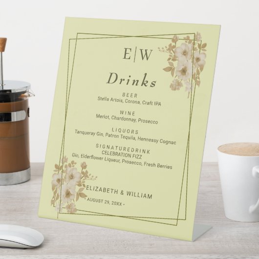 Rose Frame – Monogram Celestial Yellow Wedding Reclamebord Met Voetstuk (Insitu)