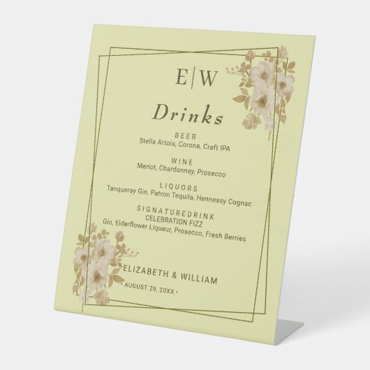 Rose Frame – Monogram Celestial Yellow Wedding Reclamebord Met Voetstuk (Voorkant)