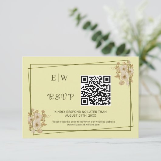 Rose Frame – Monogram Celestial Yellow Wedding RSVP Kaartje (Staand voorkant)
