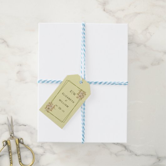 Rose Frame – Monogram Himmelsgeel Bruiloft Cadeaulabel (Met Touw)
