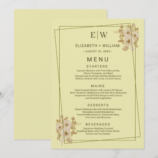 Rose Frame – Monogram Himmelsgeel Bruiloft Menu (Voorkant / Achterkant)