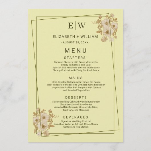 Rose Frame – Monogram Himmelsgeel Bruiloft Menu (Voorkant)