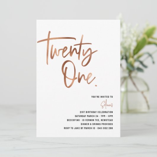 Rose Gold 21st Invitation, Female 21st Invitation Kaart (Staand voorkant)