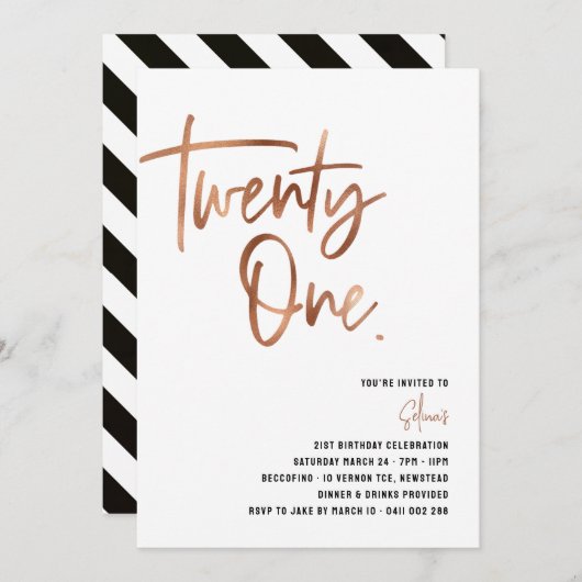 Rose Gold 21st Invitation, Female 21st Invitation Kaart (Voorkant / Achterkant)