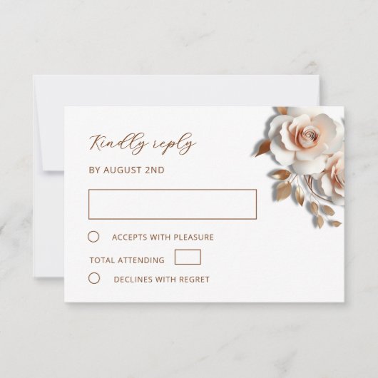 Rose Gold 3D Roses Wedding RSVP Kaartje (Voorkant)