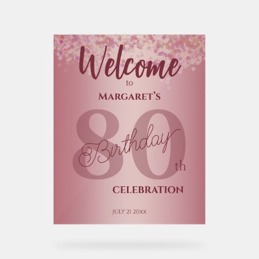 Rose Gold 80th Celebration Acrylic Sign Acryl Bord (Voorkant)